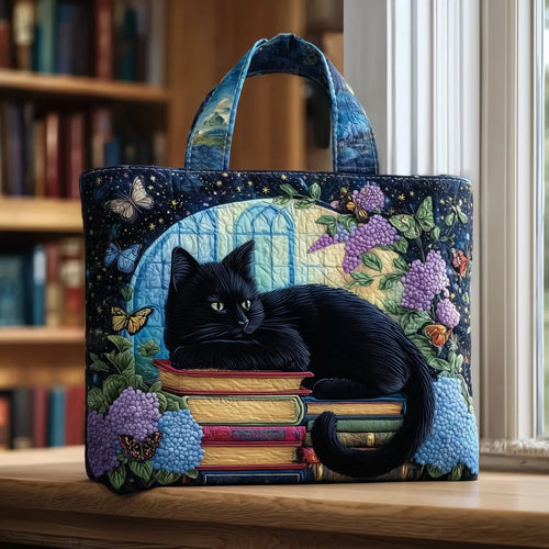 Maqiato | Quilted Cat Tote Bag - Black Cat on Books