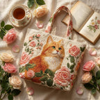 Maqiato | Quilted Cat Tote Bag - Orange Cat with Roses