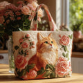 Maqiato | Quilted Cat Tote Bag - Orange Cat with Roses