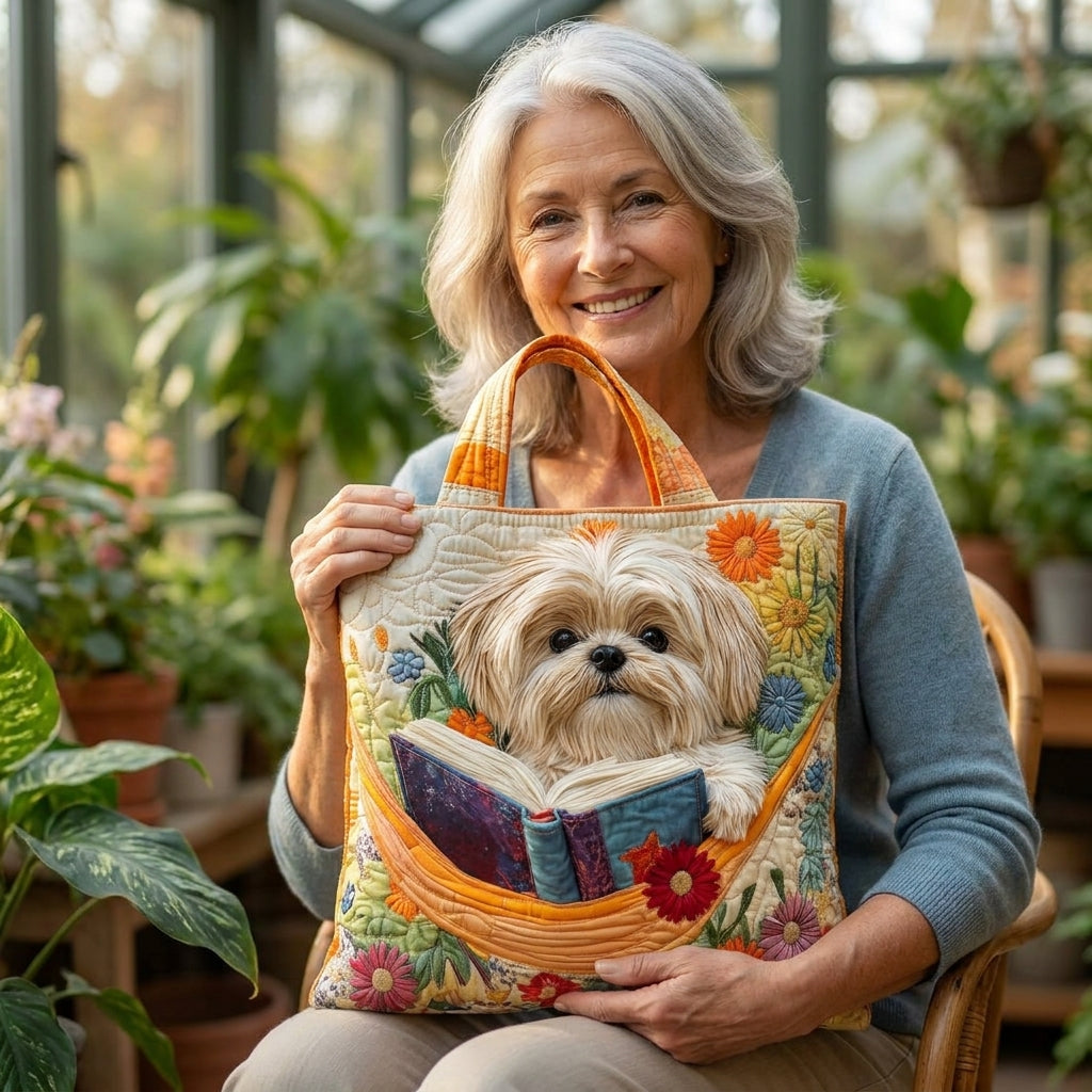 Maqiato | Quilted Dog Tote Bag - Shih Tzu, Books and Flowers