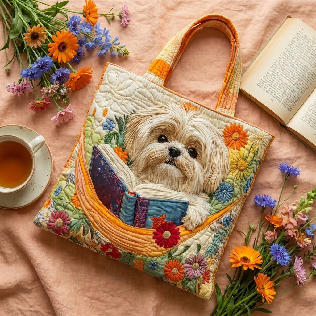 Maqiato | Quilted Dog Tote Bag - Shih Tzu, Books and Flowers
