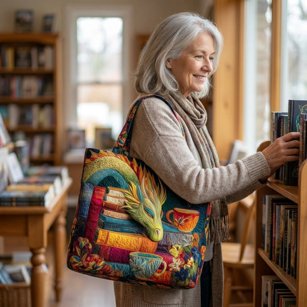 Maqiato | Quilted Tote Bag - Dragon Reader with Books