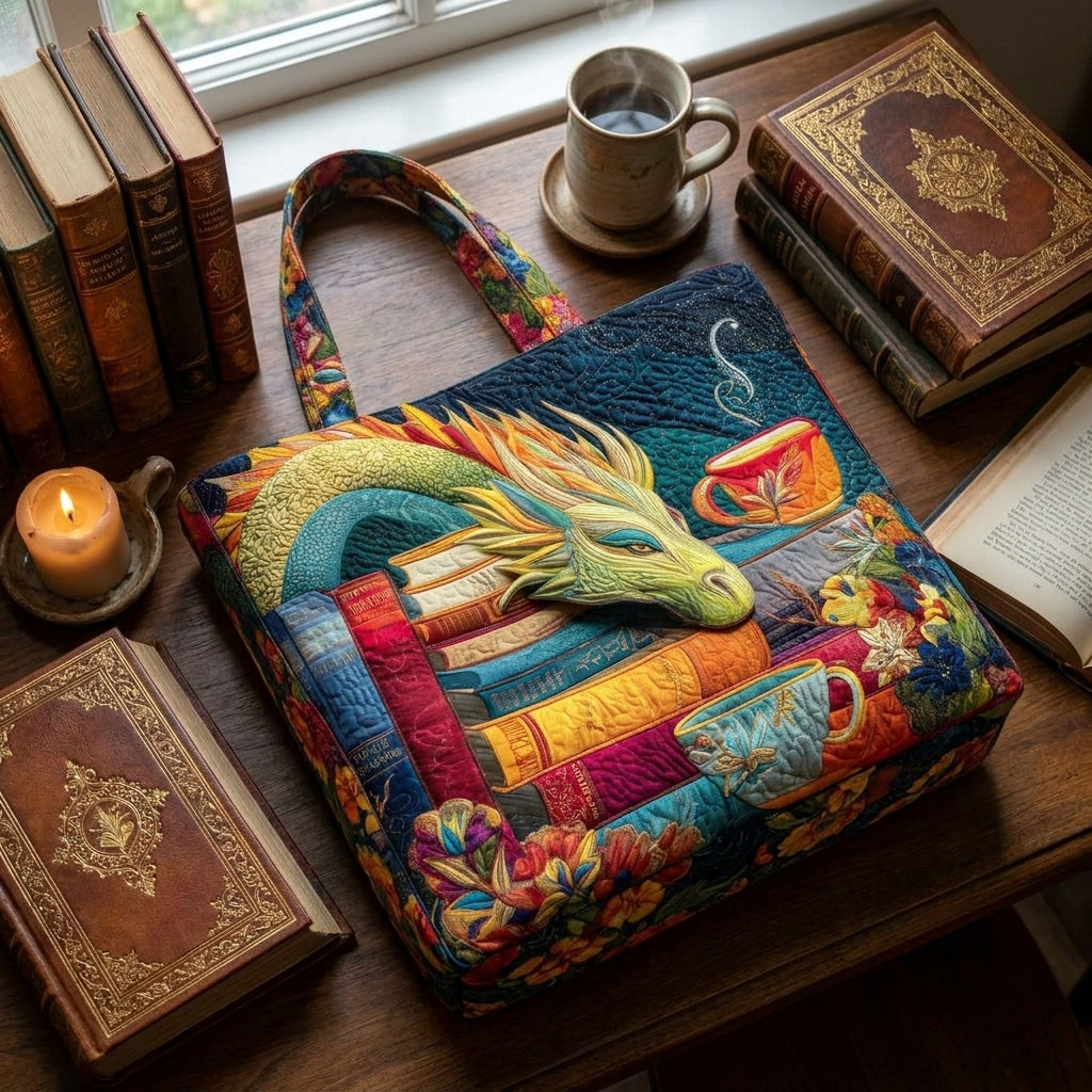 Maqiato | Quilted Tote Bag - Dragon Reader with Books
