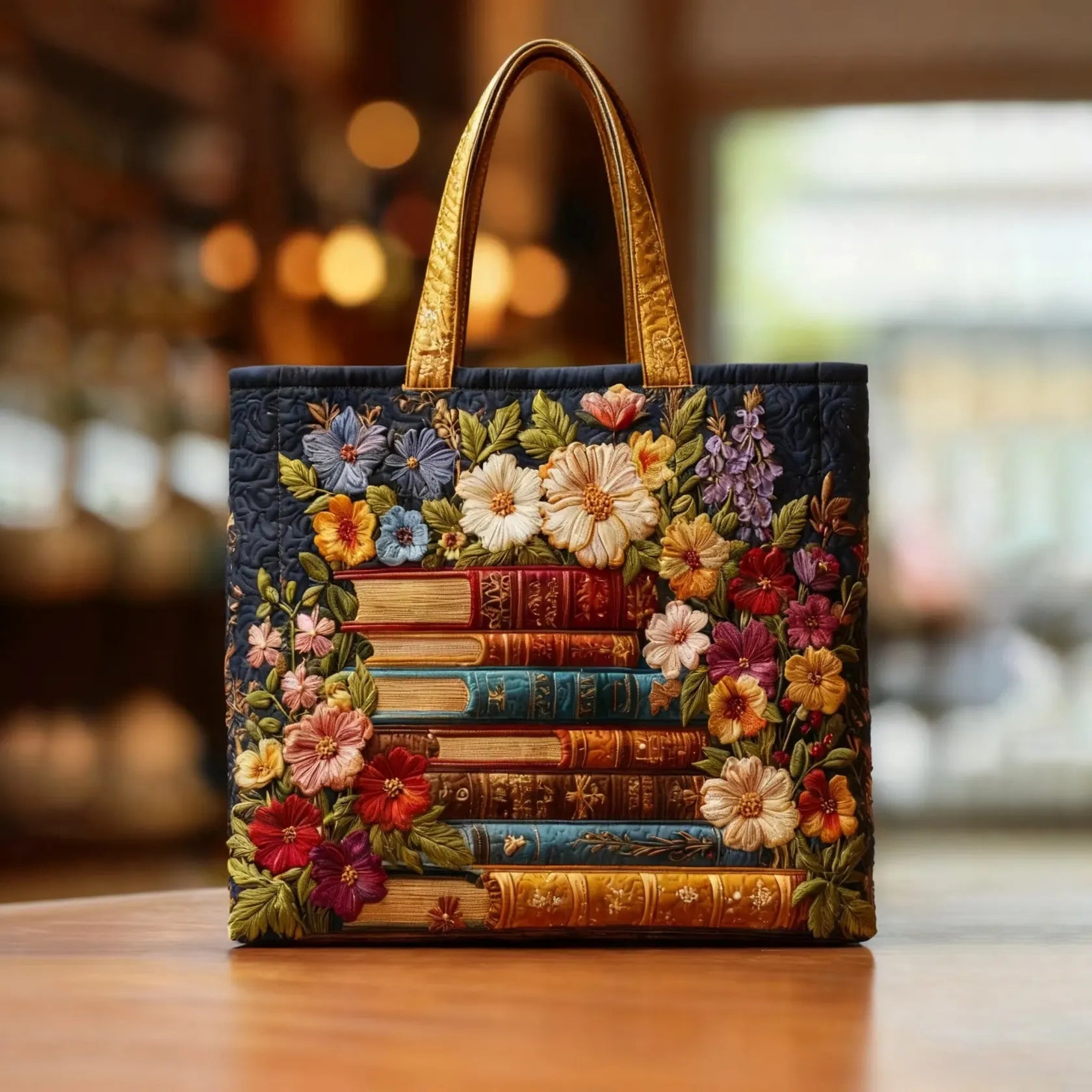 Maqiato | Quilted Tote Bag - Floral Print and Books