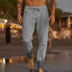 Men's Linen Trousers - Lightweight Vacation Beach Pants - Regular Fit - Elastic Waist