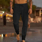 Men's Linen Trousers - Lightweight Vacation Beach Pants - Regular Fit - Elastic Waist