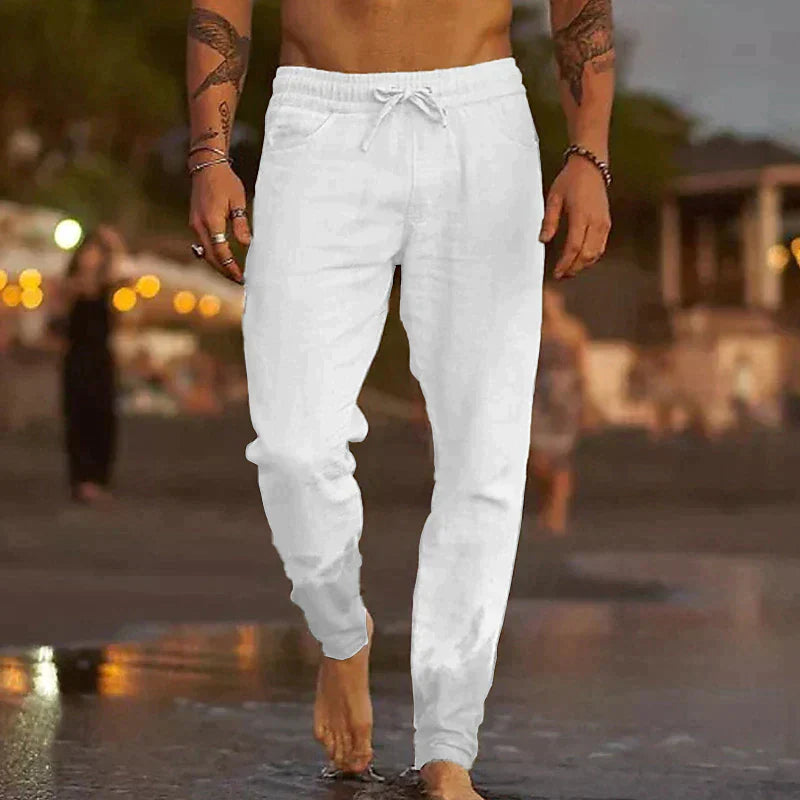 Men's Linen Trousers - Lightweight Vacation Beach Pants - Regular Fit - Elastic Waist