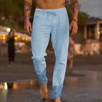 Men's Linen Trousers - Lightweight Vacation Beach Pants - Regular Fit - Elastic Waist