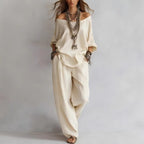 Off-shouder Suits Fashion Three-quarter Sleeves Top And Loose Pockets Wide-Leg Pants Set Women's Clothing