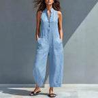 Summer Sleeveless Jumpsuit With Pockets Fashion Casual V-Neck Buttons Trousers Women's Overall Pants