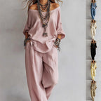Off-shouder Suits Fashion Three-quarter Sleeves Top And Loose Pockets Wide-Leg Pants Set Women's Clothing