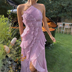 Ruffled Pleated Halterneck Dress Summer Irregular Hem Dresses Party Club Evening Gown Clothing