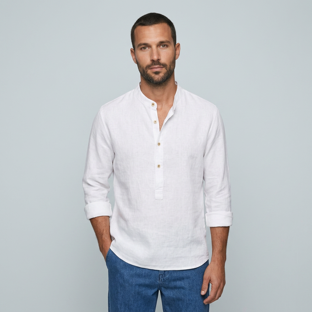 Maqiato | Men's Relaxed Linen Collarless Shirt