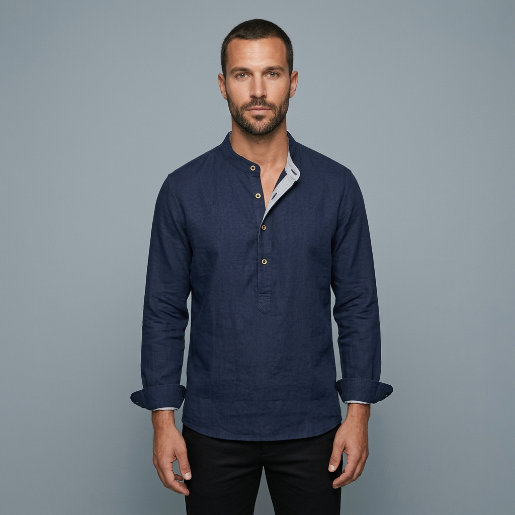 Maqiato | Men's Relaxed Linen Collarless Shirt