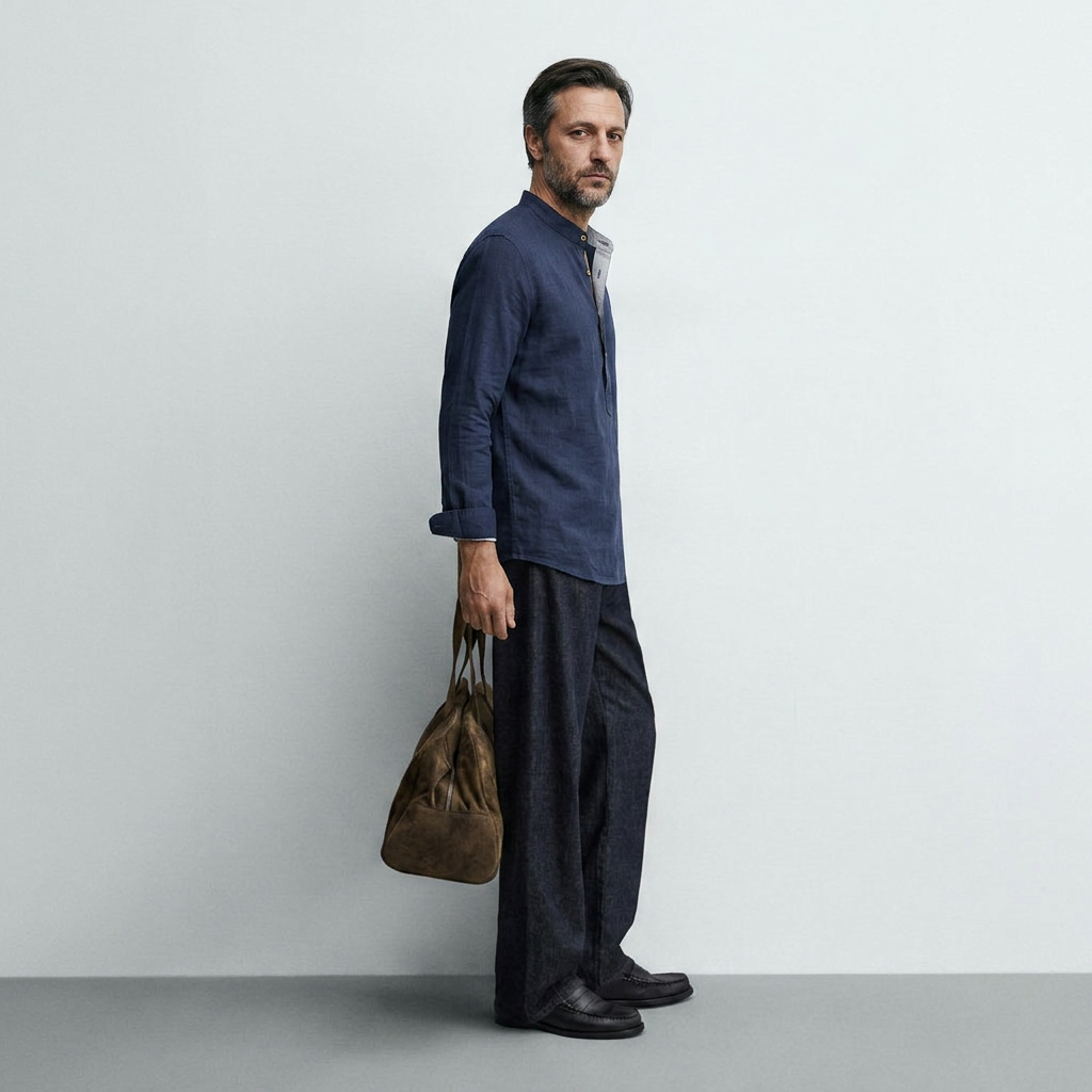 Maqiato | Men's Relaxed Linen Collarless Shirt