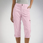Solid Color Casual Cropped Pants - Women's High Waist Multiple Pockets Capri Trousers for Daily Wear