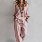 Off-shouder Suits Fashion Three-quarter Sleeves Top And Loose Pockets Wide-Leg Pants Set Women's Clothing