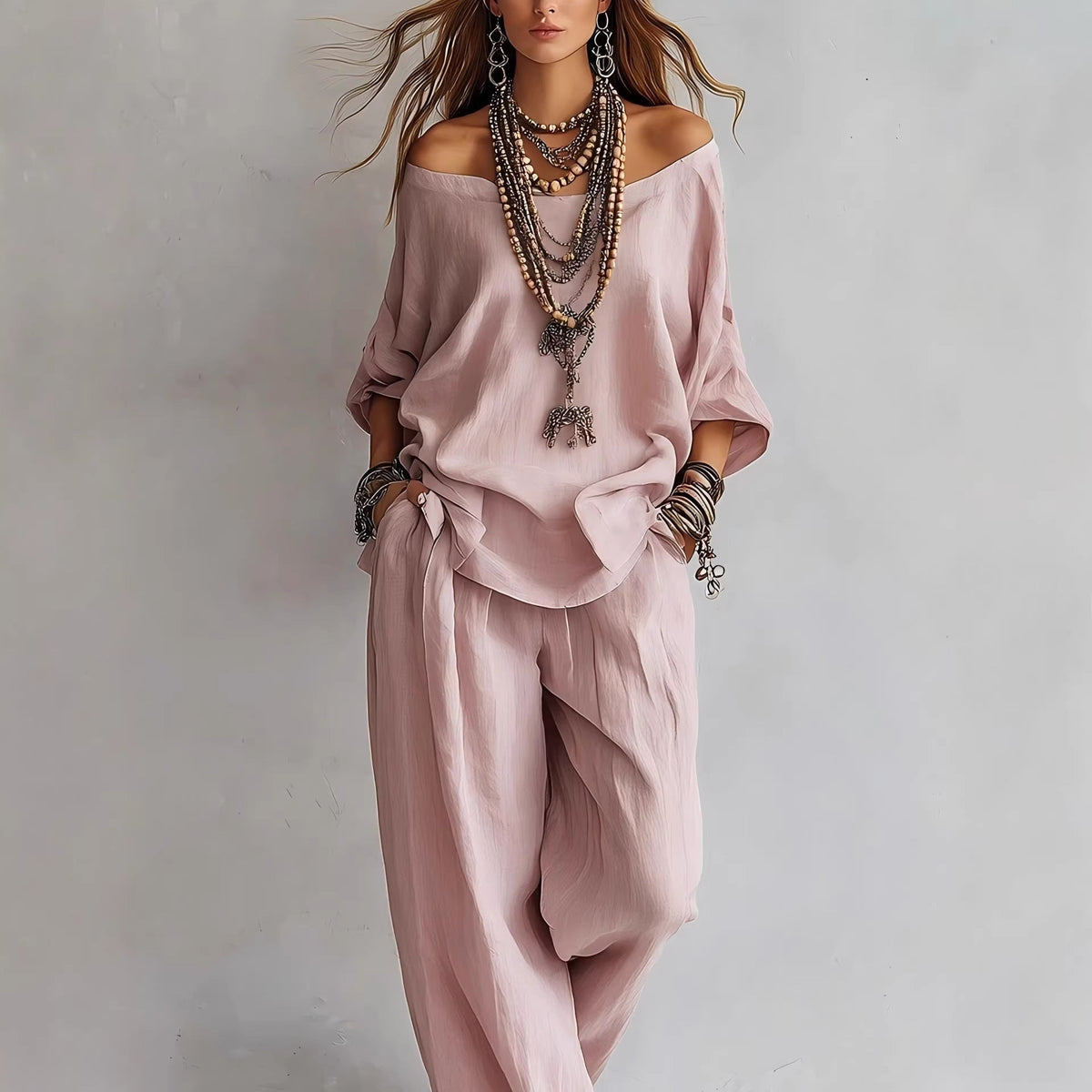 Off-shouder Suits Fashion Three-quarter Sleeves Top And Loose Pockets Wide-Leg Pants Set Women's Clothing