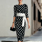 Women Elegant Black White Polka Dot Midi Dress With Waist Belt Three-Quarter Sleeve O Neck Pencil Bodycon Formal Work Office Party Dress