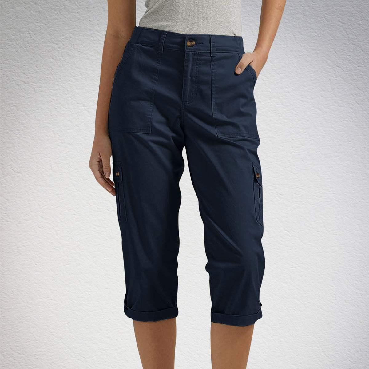 Solid Color Casual Cropped Pants - Women's High Waist Multiple Pockets Capri Trousers for Daily Wear