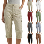 Solid Color Casual Cropped Pants - Women's High Waist Multiple Pockets Capri Trousers for Daily Wear