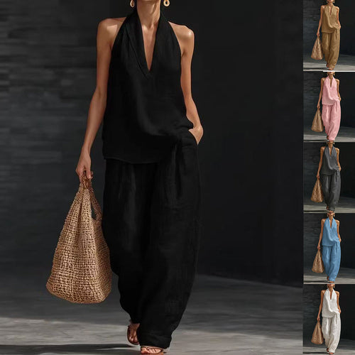 Modern Casual V-Neck Halter & Straight Pants Set