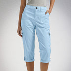 Solid Color Casual Cropped Pants - Women's High Waist Multiple Pockets Capri Trousers for Daily Wear