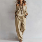 Off-shouder Suits Fashion Three-quarter Sleeves Top And Loose Pockets Wide-Leg Pants Set Women's Clothing