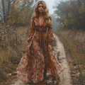 Long Sleeve Digital Printed V-neck Dress