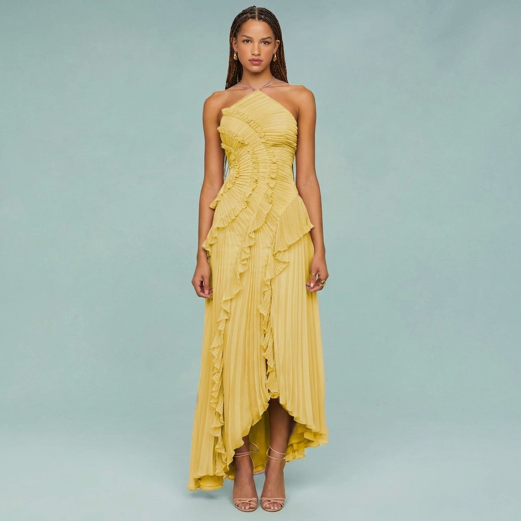 Ruffled Pleated Halterneck Dress