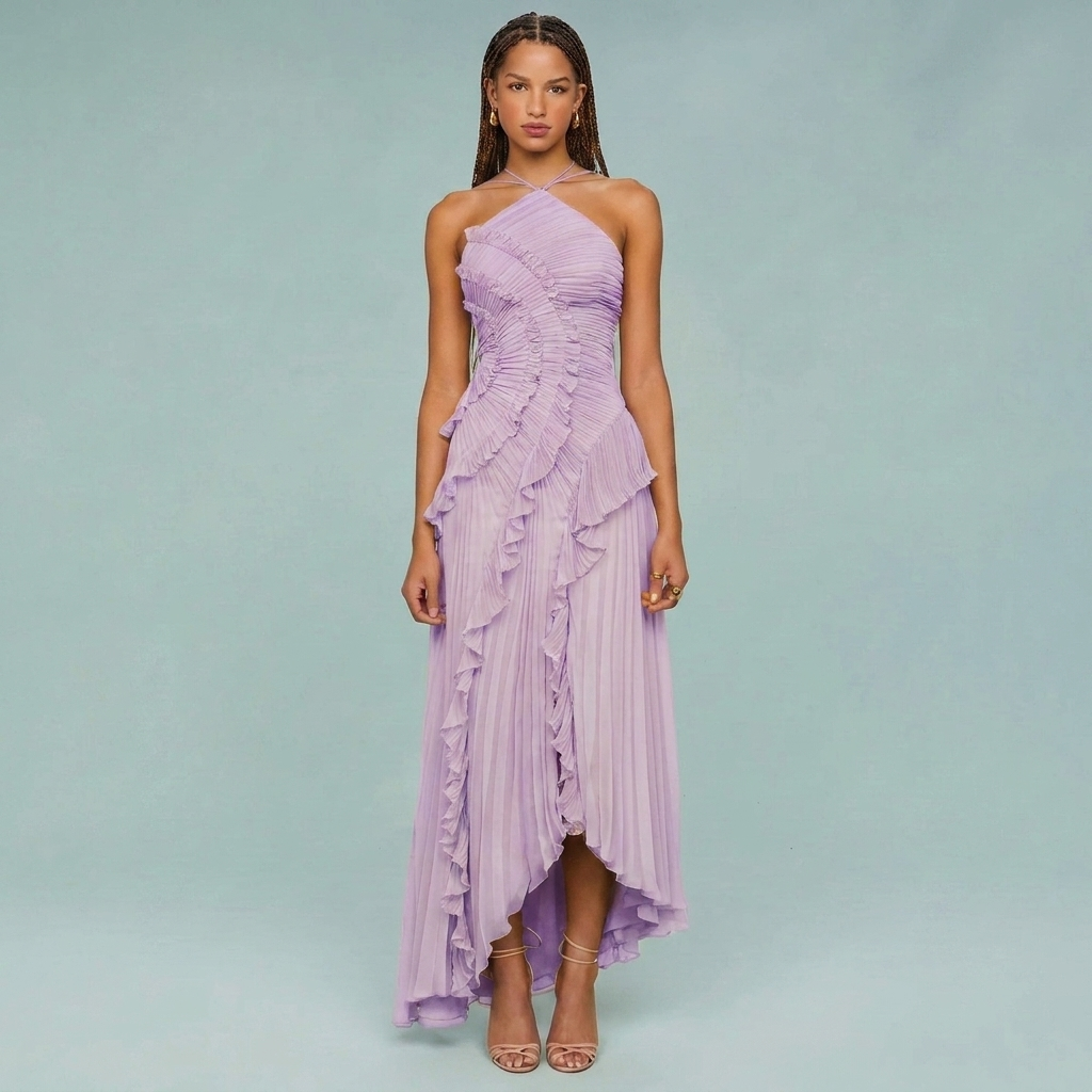 Ruffled Pleated Halterneck Dress
