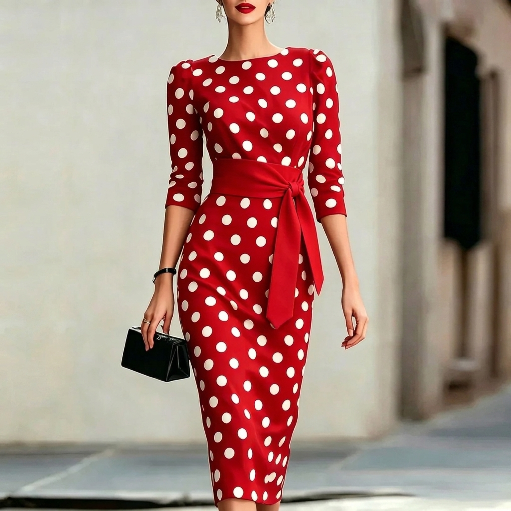 Classic Polka Dot Belted Bodycon Midi Dress