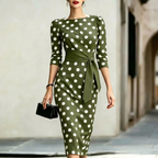 Classic Polka Dot Belted Bodycon Midi Dress