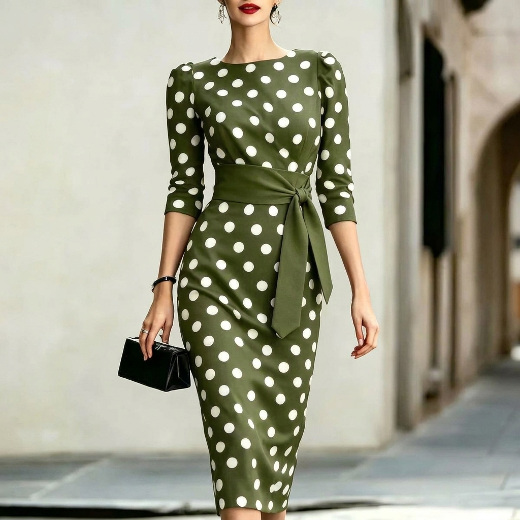 Classic Polka Dot Belted Bodycon Midi Dress