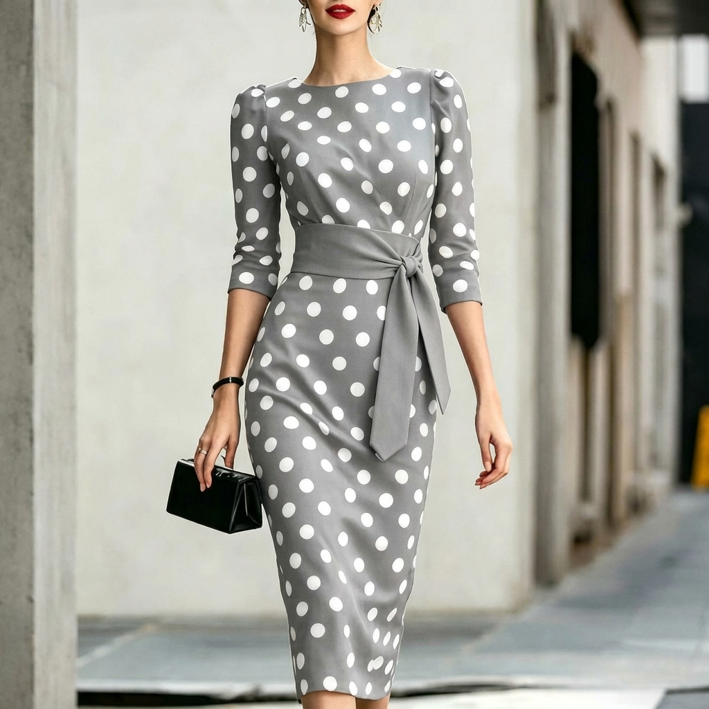 Classic Polka Dot Belted Bodycon Midi Dress