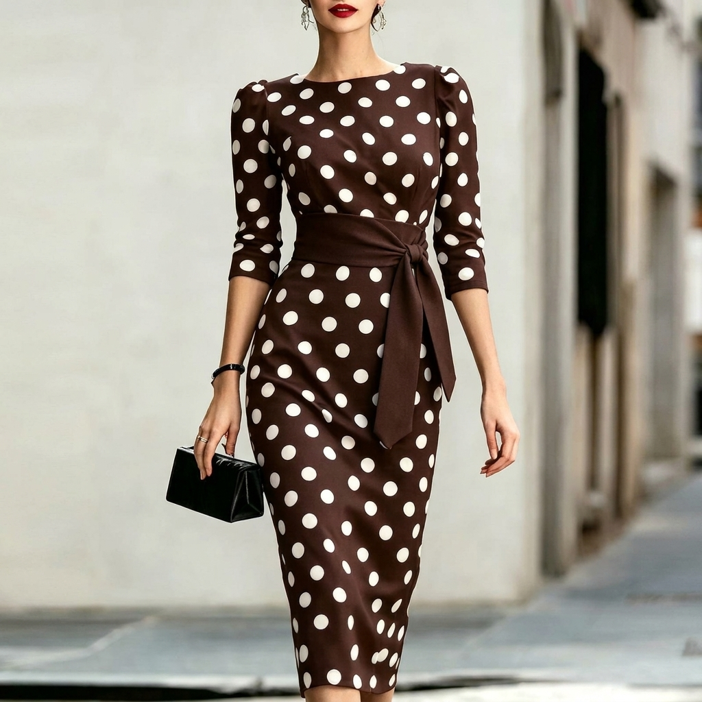 Classic Polka Dot Belted Bodycon Midi Dress