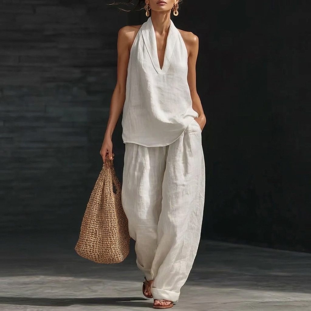 Modern Casual V-Neck Halter & Straight Pants Set