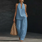 Modern Casual V-Neck Halter & Straight Pants Set