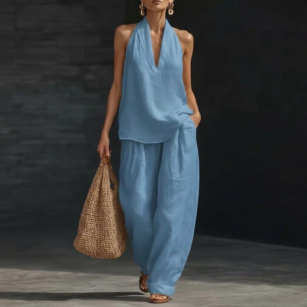 Modern Casual V-Neck Halter & Straight Pants Set