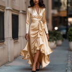 Women’s V-Neck Dress with Cinched Waist and Ruffle Hem