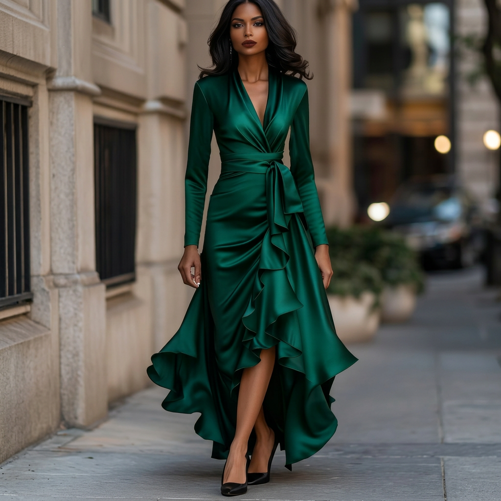 Women’s V-Neck Dress with Cinched Waist and Ruffle Hem