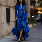 Women’s V-Neck Dress with Cinched Waist and Ruffle Hem