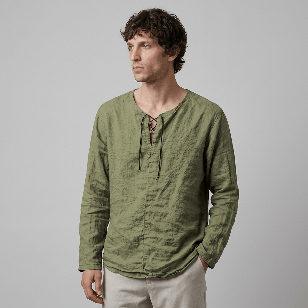 Maqiato | Men's Relaxed Linen-Blend Lace-Up Shirt