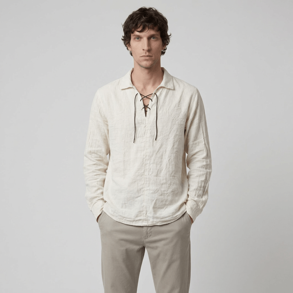 Maqiato | Men's Relaxed Linen-Blend Lace-Up Shirt
