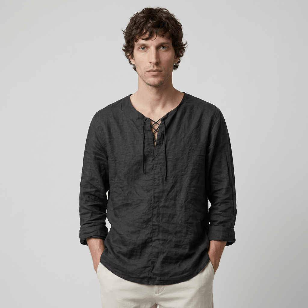Maqiato | Men's Relaxed Linen-Blend Lace-Up Shirt