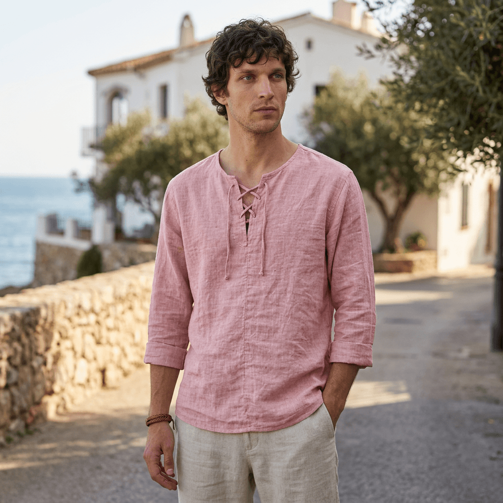 Maqiato | Men's Relaxed Linen-Blend Lace-Up Shirt