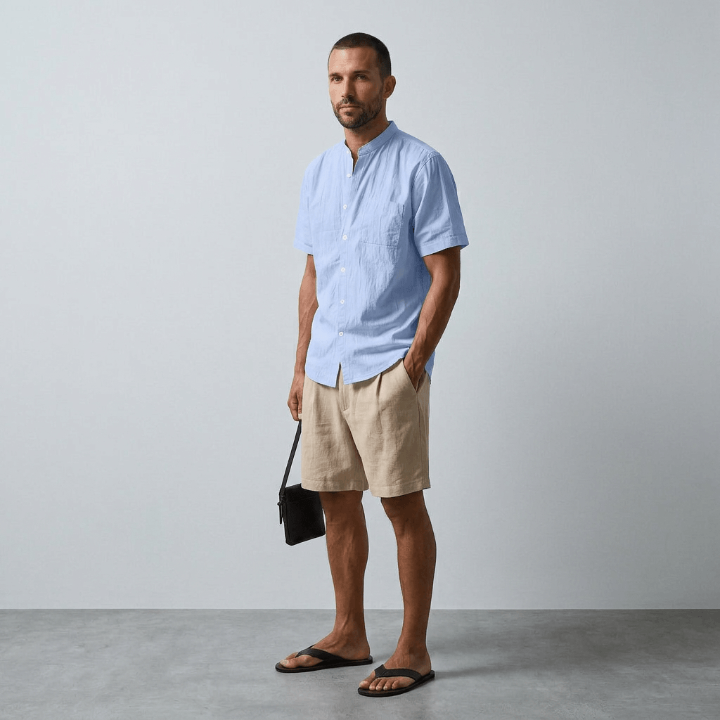 Maqiato | Men's Relaxed Linen Mandarin Collar Shirt